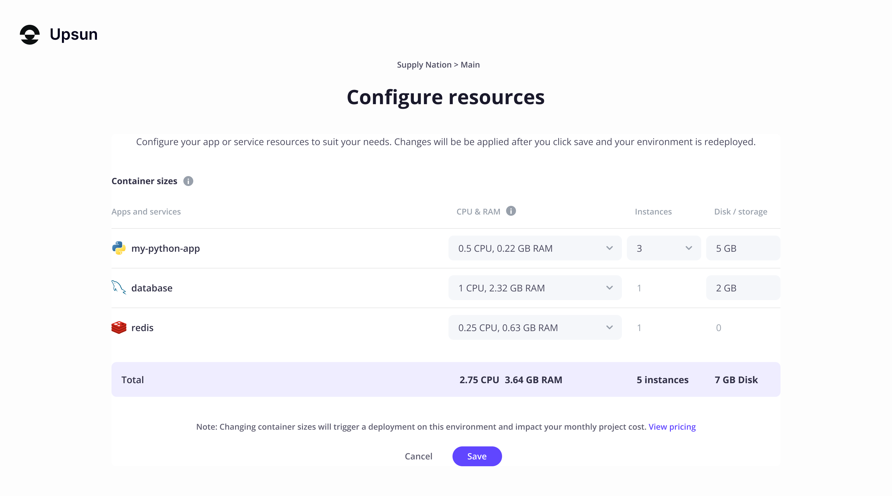 Configure your resources on the current environment window