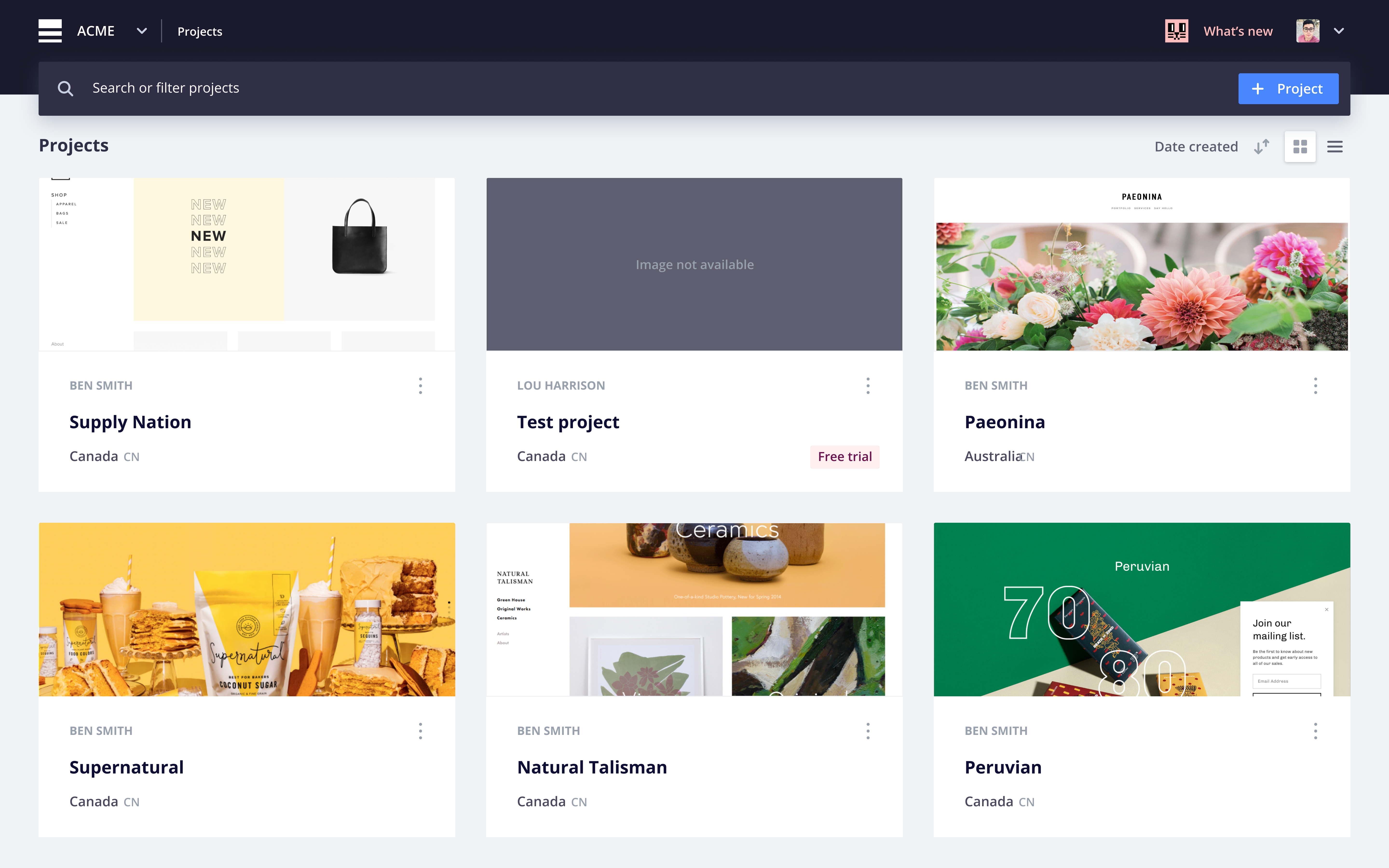 Overview of projects in the Console