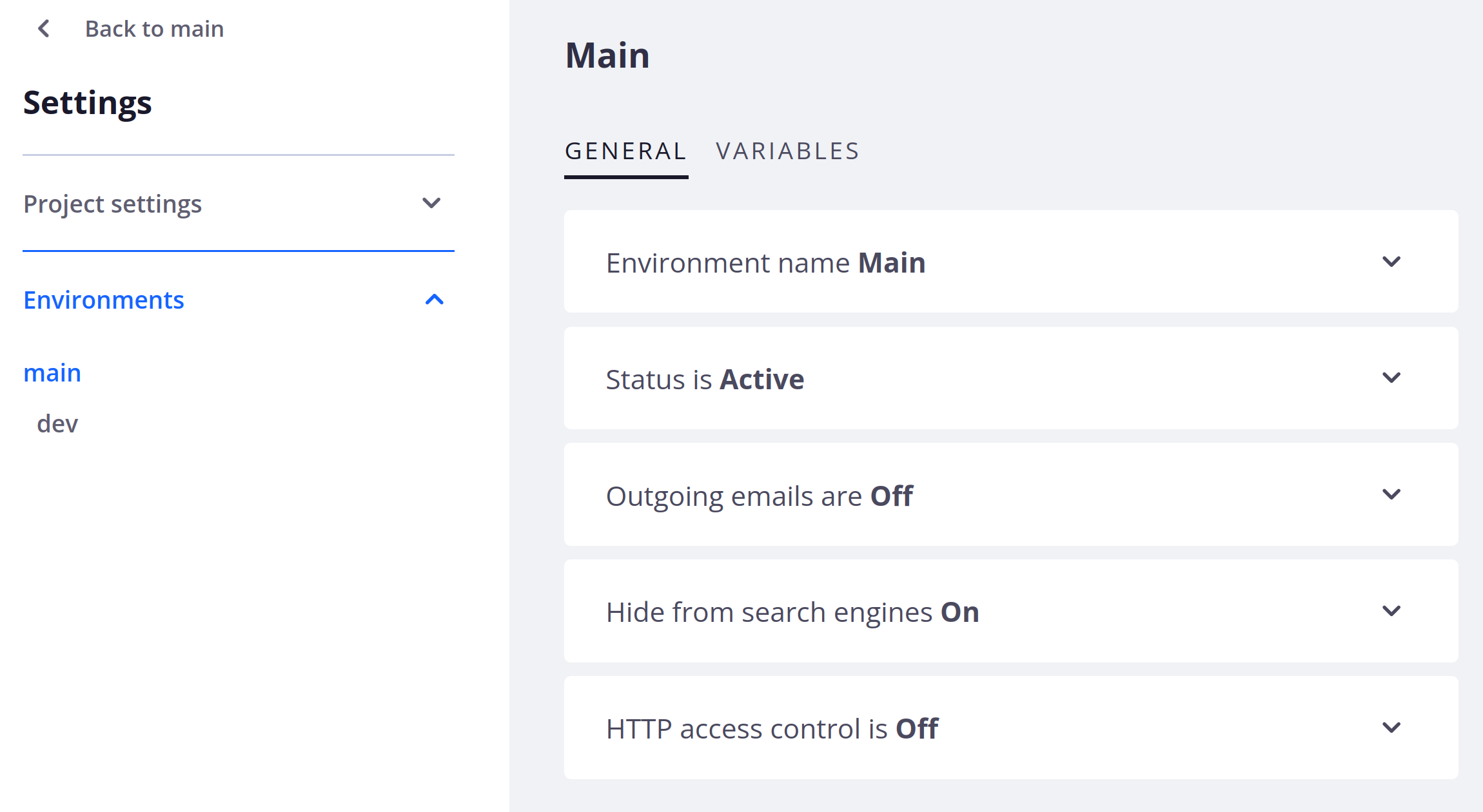 Settings for an environment