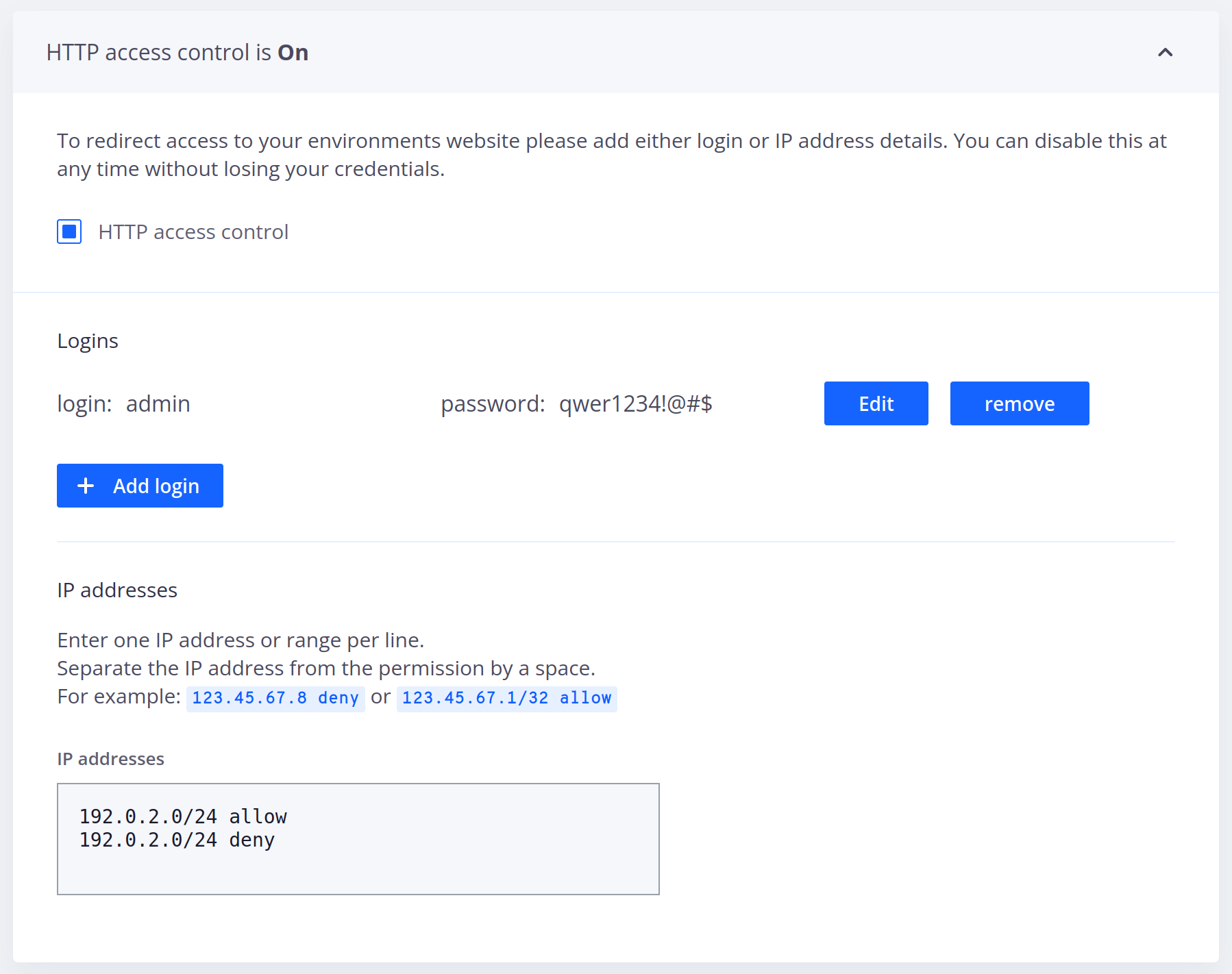 Settings control access with password and by IP